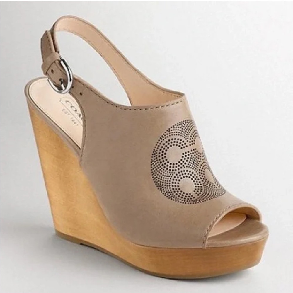 Coach Jade Beige Leather Wedge Sandals.8B - Picture 1 of 16